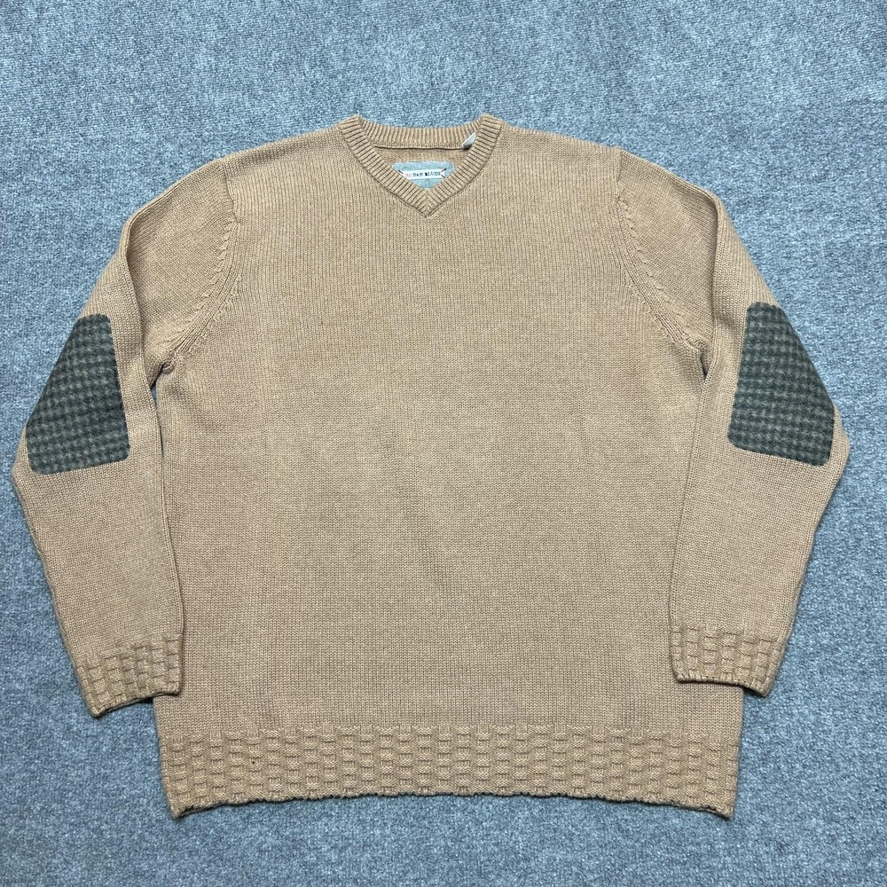 32 Bar Blues Sweater Mens XL Brown Cotton V Neck Elbow Patch Pullover Knit